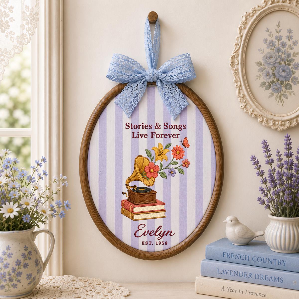 Personalized Music Book Lover Floral Gramophone Oval Hoop Decor, Stories Songs Live Forever Custom Embroidered Name Sign, Keepsake Gift