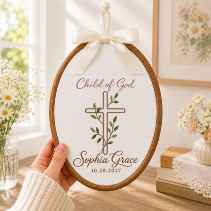 Personalized Embroidered Ornament, Child of God Baptism Ornament, Custom Name Cross Keepsake, Christian Baby Gift, Baptism Date Decor