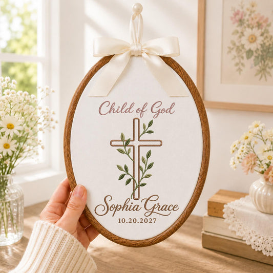 Personalized Embroidered Ornament, Child of God Baptism Ornament, Custom Name Cross Keepsake, Christian Baby Gift, Baptism Date Decor