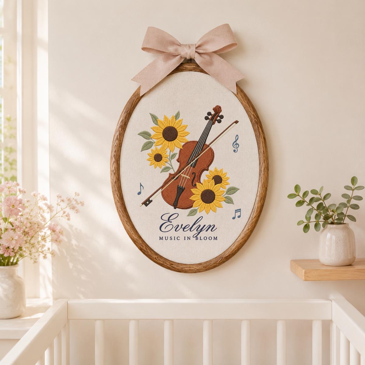 Personalized Sunflower Violinist Oval Hoop Decor, Custom Embroidered Evelyn Music in Bloom Sign, Musician Gift for Her Wall Art