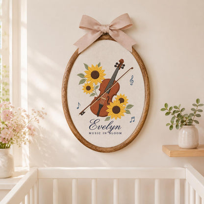 Personalized Sunflower Violinist Oval Hoop Decor, Custom Embroidered Evelyn Music in Bloom Sign, Musician Gift for Her Wall Art