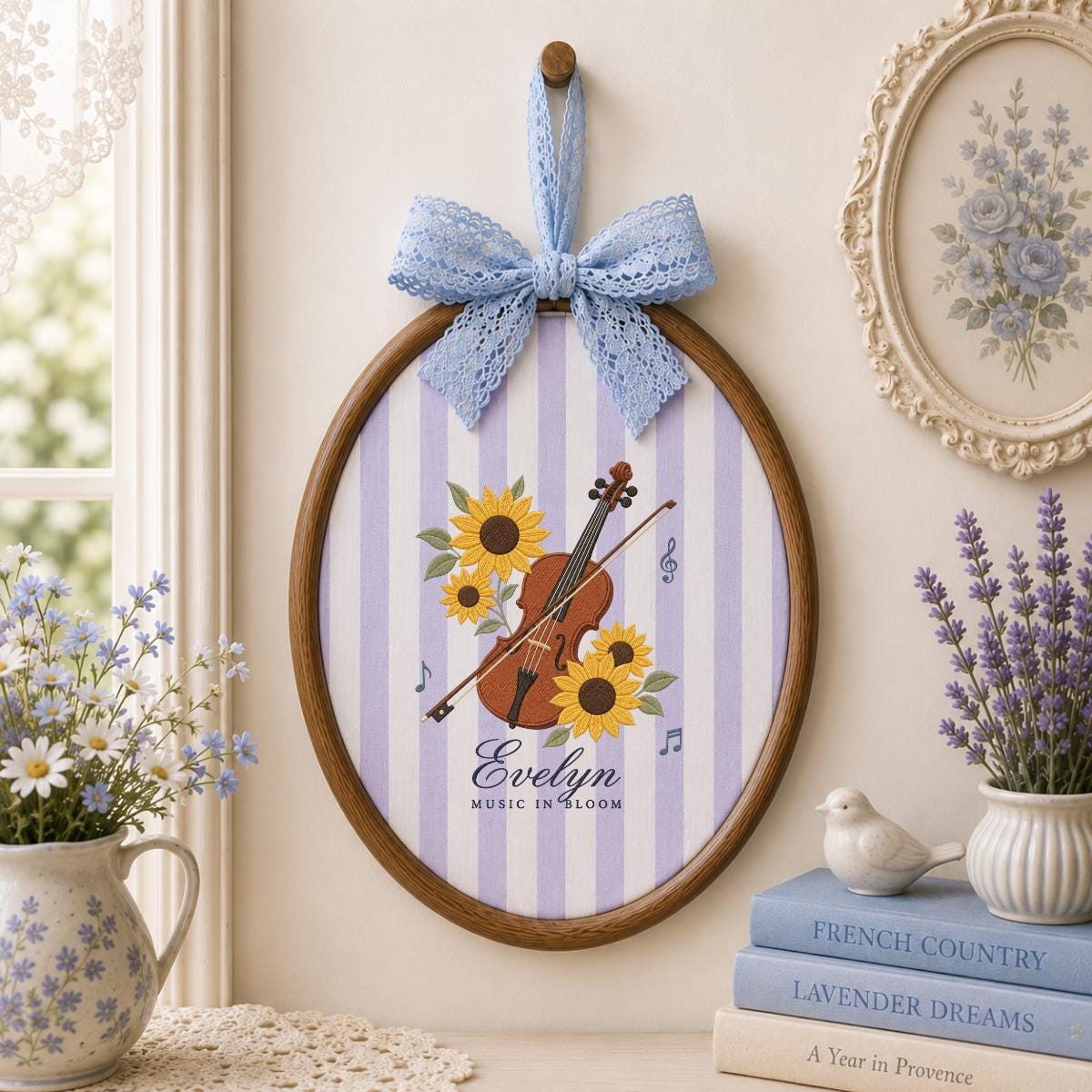 Personalized Sunflower Violinist Oval Hoop Decor, Custom Embroidered Evelyn Music in Bloom Sign, Musician Gift for Her Wall Art
