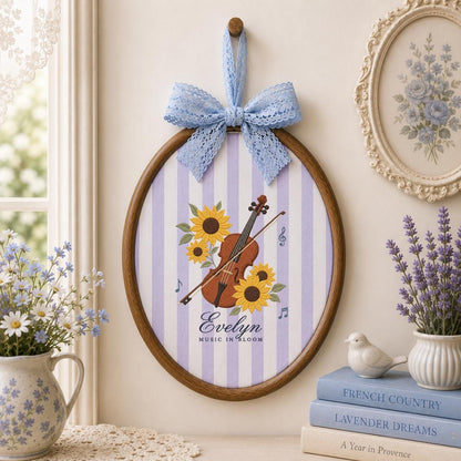 Personalized Sunflower Violinist Oval Hoop Decor, Custom Embroidered Evelyn Music in Bloom Sign, Musician Gift for Her Wall Art