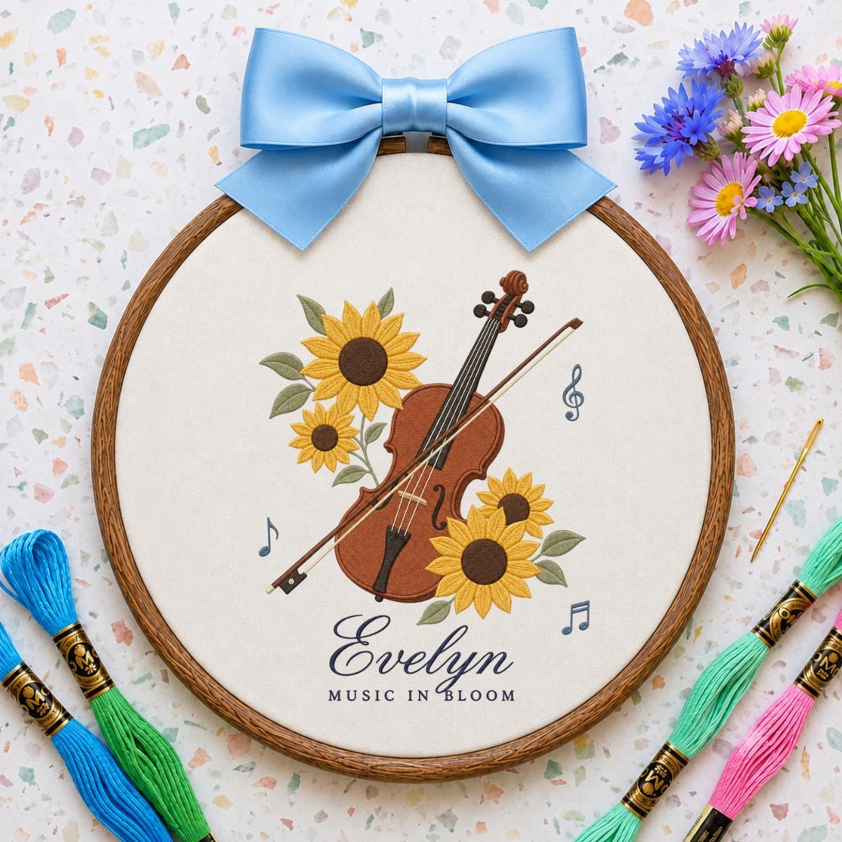 Personalized Sunflower Violinist Oval Hoop Decor, Custom Embroidered Evelyn Music in Bloom Sign, Musician Gift for Her Wall Art