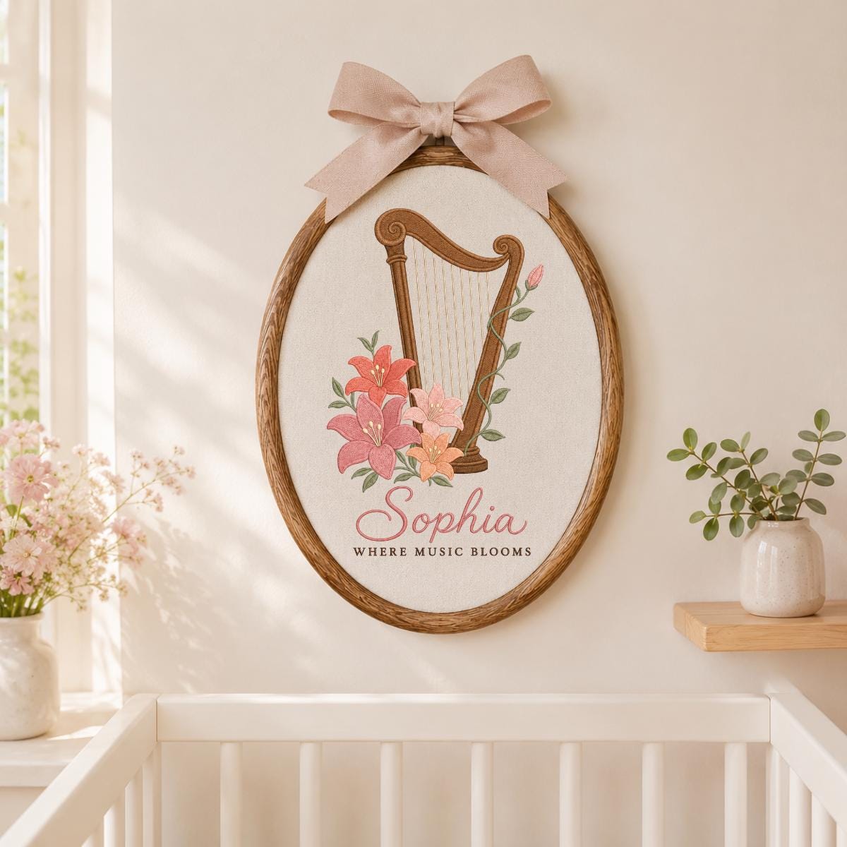 Custom Name Harp Embroidered Oval Hoop Decor, Lily Flower Where Music Blooms Wall Hanging Sign, Harpist Gift Music Lover Decor