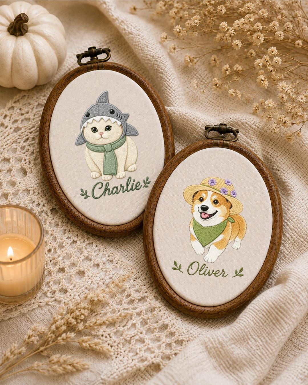 Personalized Pet Embroidered Ornament, Custom Dog & Cat Name Hoop, Pet Portrait Keepsake, Dog Mom Cat Mom Gift, Pet Memorial Ornament