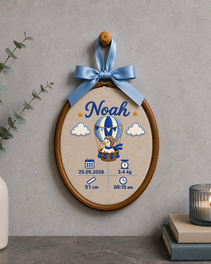 Personalized Baby Birth Stats Embroidered Ornament, Custom Baby Name Keepsake, Hot Air Balloon Nursery Decor, Newborn Baby Gift