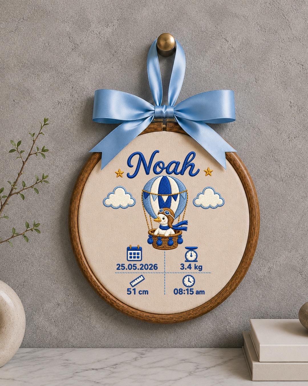 Personalized Baby Birth Stats Embroidered Ornament, Custom Baby Name Keepsake, Hot Air Balloon Nursery Decor, Newborn Baby Gift