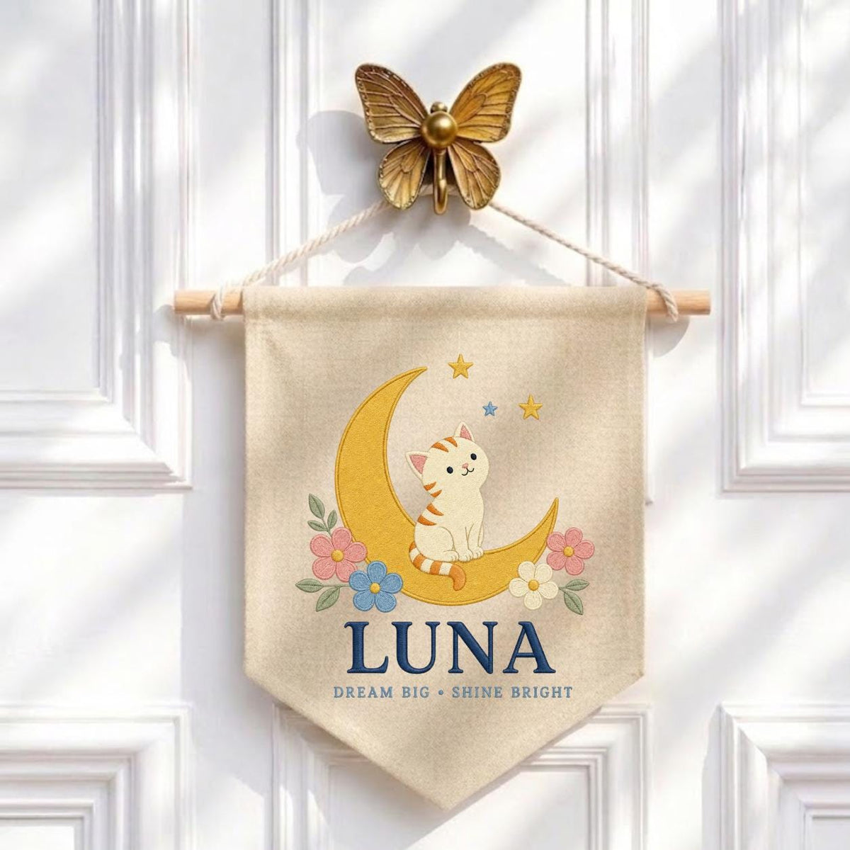 Personalized Cat Moon Canvas Pennant Banner, Custom Name Luna Dream Big Shine Bright Embroidered Nursery Playroom Wall Hanging Decor