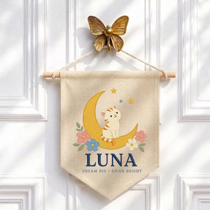 Personalized Cat Moon Canvas Pennant Banner, Custom Name Luna Dream Big Shine Bright Embroidered Nursery Playroom Wall Hanging Decor