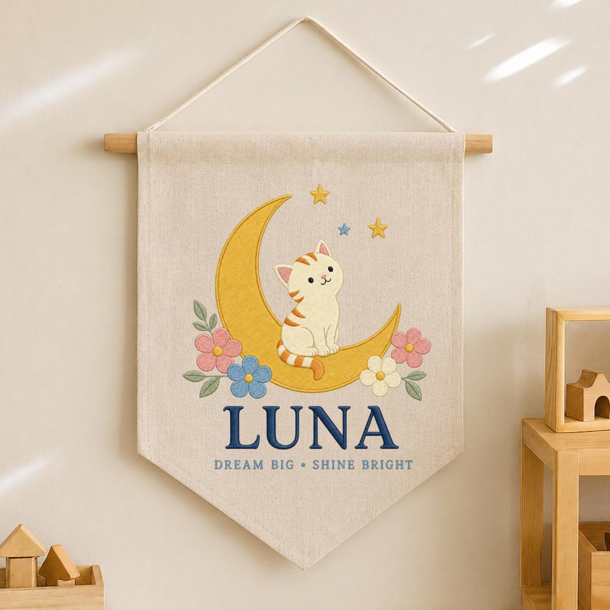 Personalized Cat Moon Canvas Pennant Banner, Custom Name Luna Dream Big Shine Bright Embroidered Nursery Playroom Wall Hanging Decor