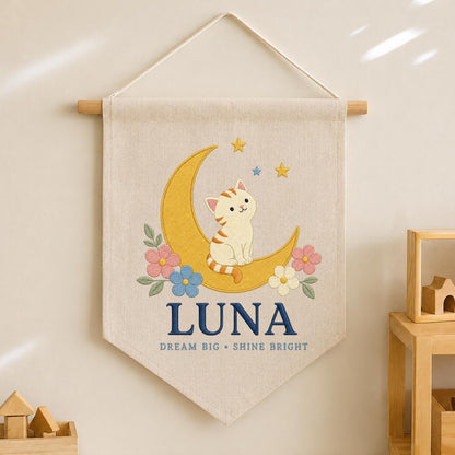 Personalized Cat Moon Canvas Pennant Banner, Custom Name Luna Dream Big Shine Bright Embroidered Nursery Playroom Wall Hanging Decor