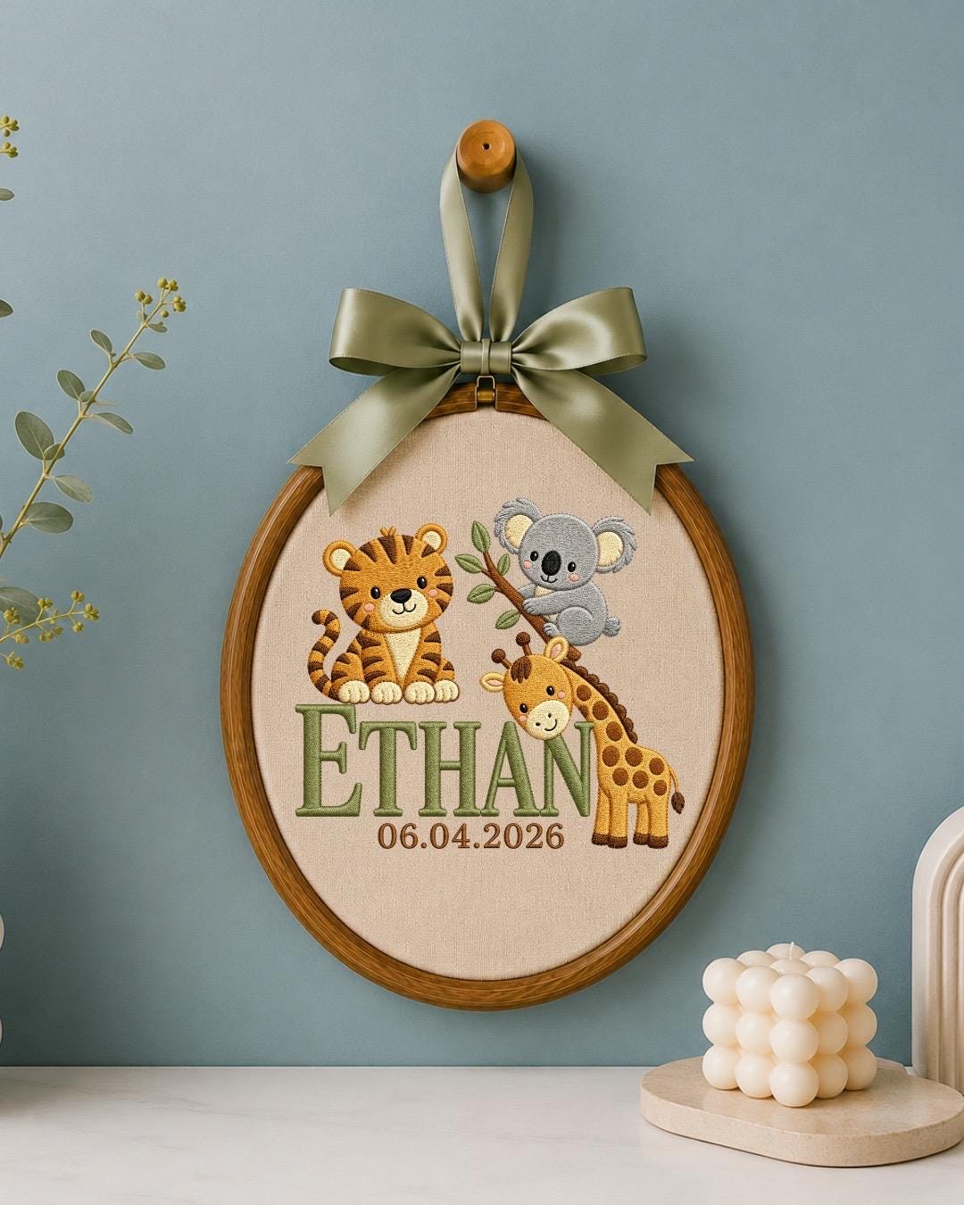 Personalized Safari Baby Name Embroidered Ornament, Custom Jungle Animal Nursery Decor, Tiger Koala Giraffe Name Sign, Newborn Baby Gift
