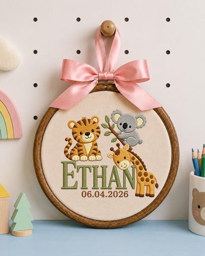 Personalized Safari Baby Name Embroidered Ornament, Custom Jungle Animal Nursery Decor, Tiger Koala Giraffe Name Sign, Newborn Baby Gift