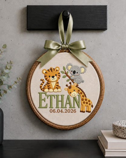 Personalized Safari Baby Name Embroidered Ornament, Custom Jungle Animal Nursery Decor, Tiger Koala Giraffe Name Sign, Newborn Baby Gift