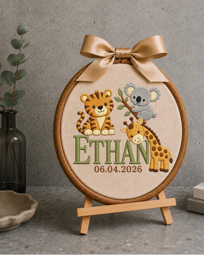 Personalized Safari Baby Name Embroidered Ornament, Custom Jungle Animal Nursery Decor, Tiger Koala Giraffe Name Sign, Newborn Baby Gift