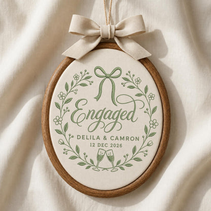 May include: An oval wooden embroidery hoop containing off-white fabric with green embroidered text reading Engaged, Delila &amp; Camron, and 12 Dec 2026. The design features a green floral wreath, a bow, and two champagne flutes, topped with a beige ribbon bow.