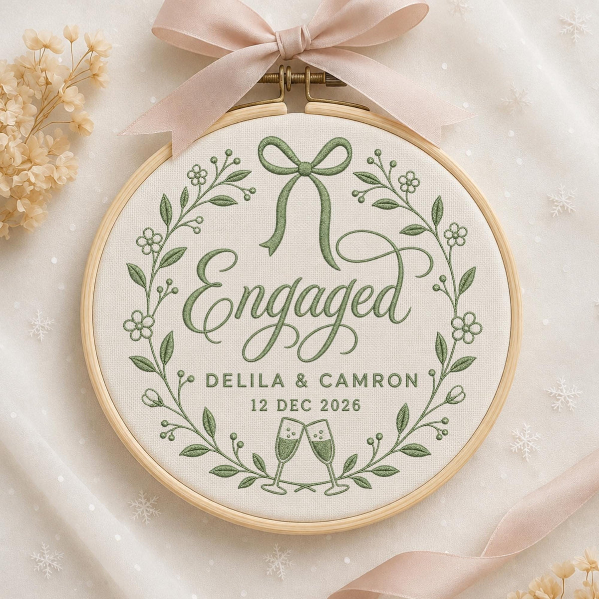May include: A circular wooden embroidery hoop containing white fabric with green thread embroidery. The design features a floral wreath, a bow, two champagne flutes, and the text Engaged, DELILA &amp; CAMRON, and 12 DEC 2026. A light pink ribbon is tied to the top of the hoop.
