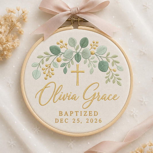 May include: A circular wooden embroidery hoop containing white fabric with an embroidered design of green eucalyptus leaves and gold berries. A gold cross is centered above the name Olivia Grace and the text BAPTIZED DEC 25, 2026. A pink ribbon is tied at the top.