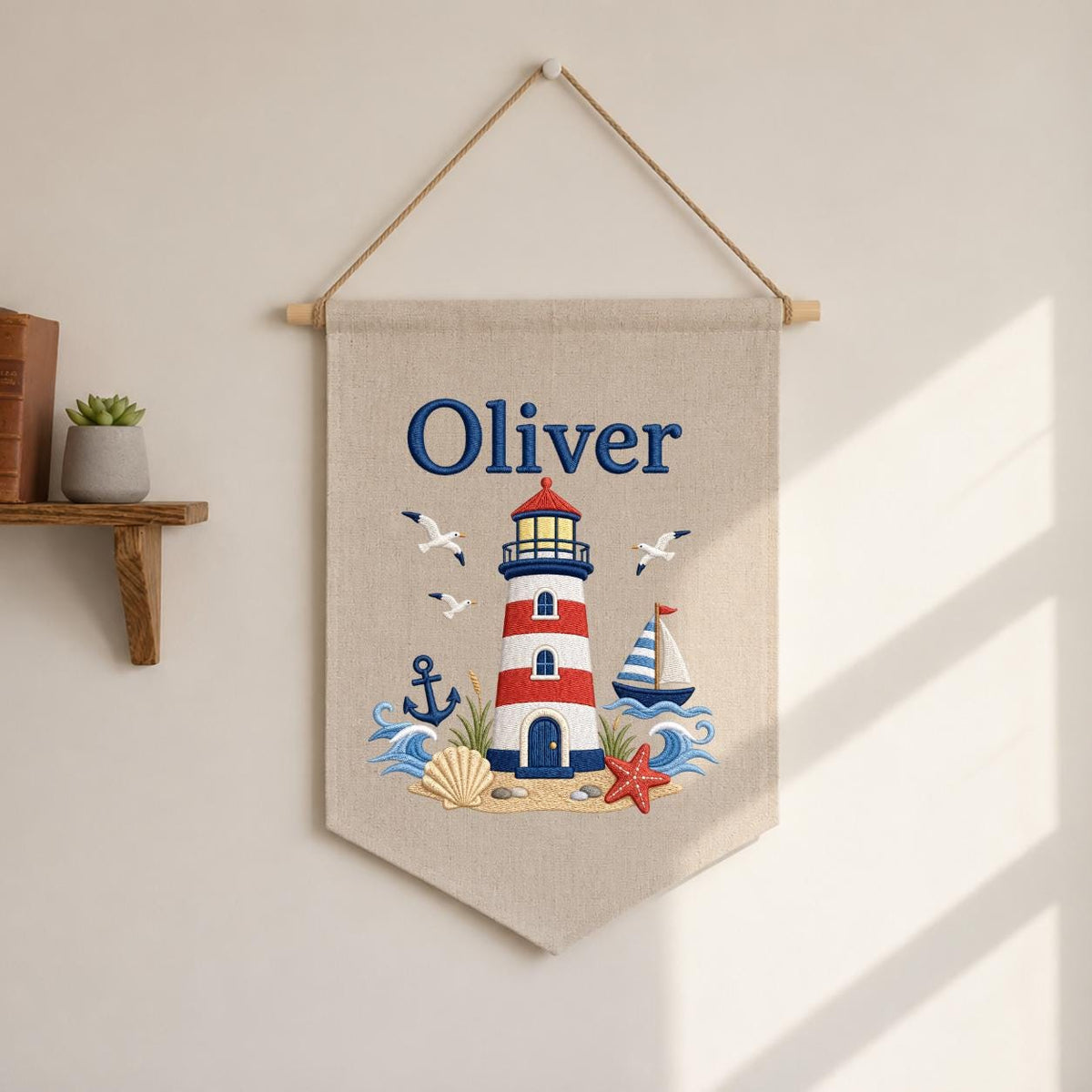 Personalized Nautical Lighthouse Nursery Decor, Custom Name Embroidered Canvas Pennant Banner, Red Lighthouse Sailboat Wall Hanging Sign