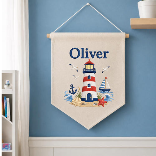 Personalized Nautical Lighthouse Nursery Decor, Custom Name Embroidered Canvas Pennant Banner, Red Lighthouse Sailboat Wall Hanging Sign