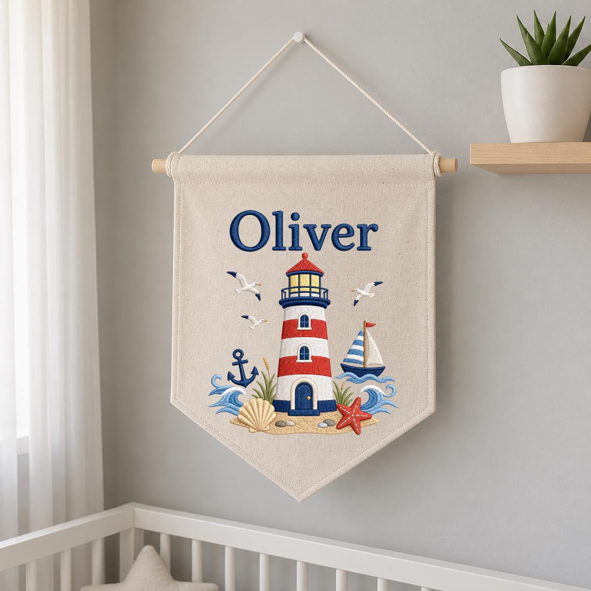 Personalized Nautical Lighthouse Nursery Decor, Custom Name Embroidered Canvas Pennant Banner, Red Lighthouse Sailboat Wall Hanging Sign