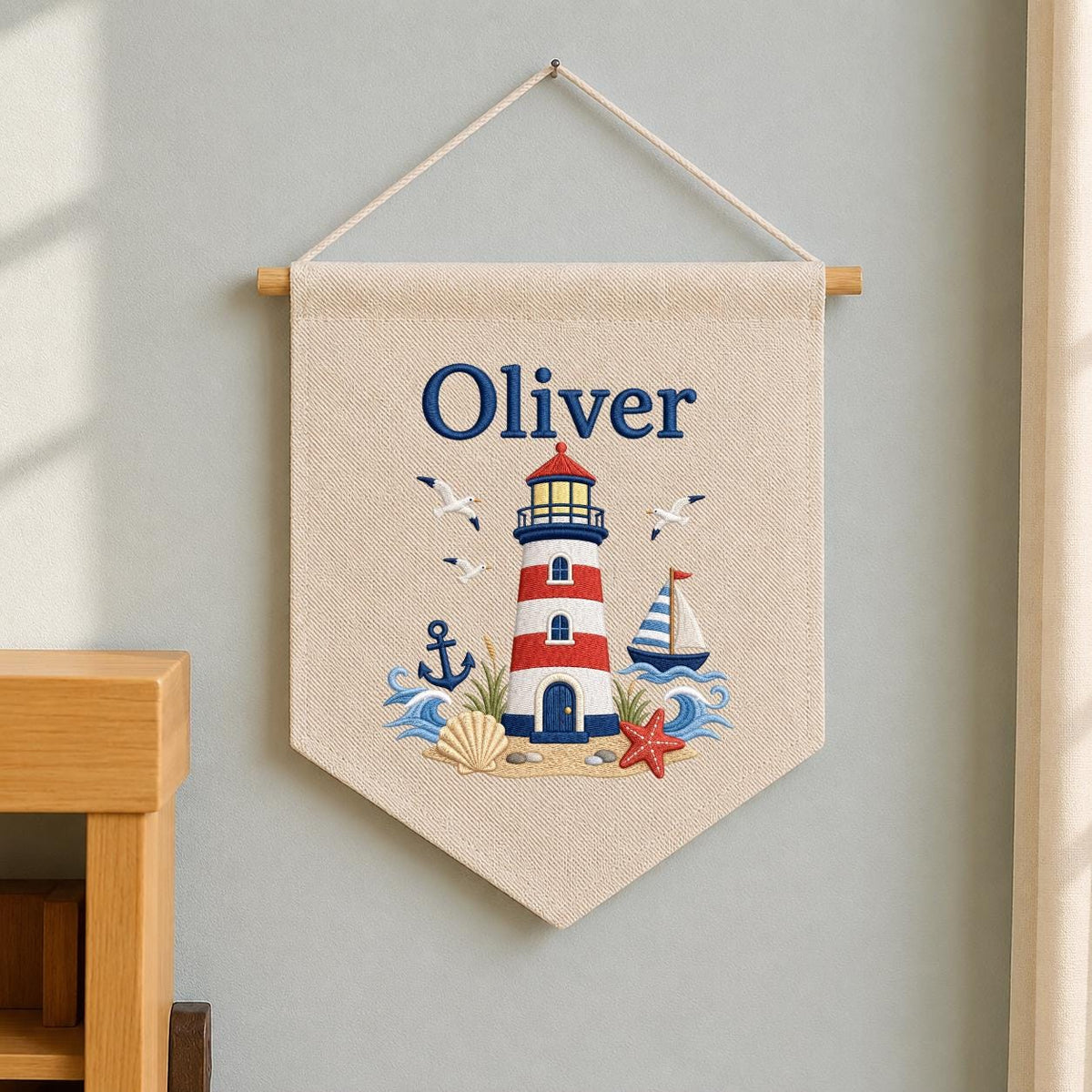 Personalized Nautical Lighthouse Nursery Decor, Custom Name Embroidered Canvas Pennant Banner, Red Lighthouse Sailboat Wall Hanging Sign