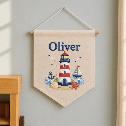 Personalized Nautical Lighthouse Nursery Decor, Custom Name Embroidered Canvas Pennant Banner, Red Lighthouse Sailboat Wall Hanging Sign