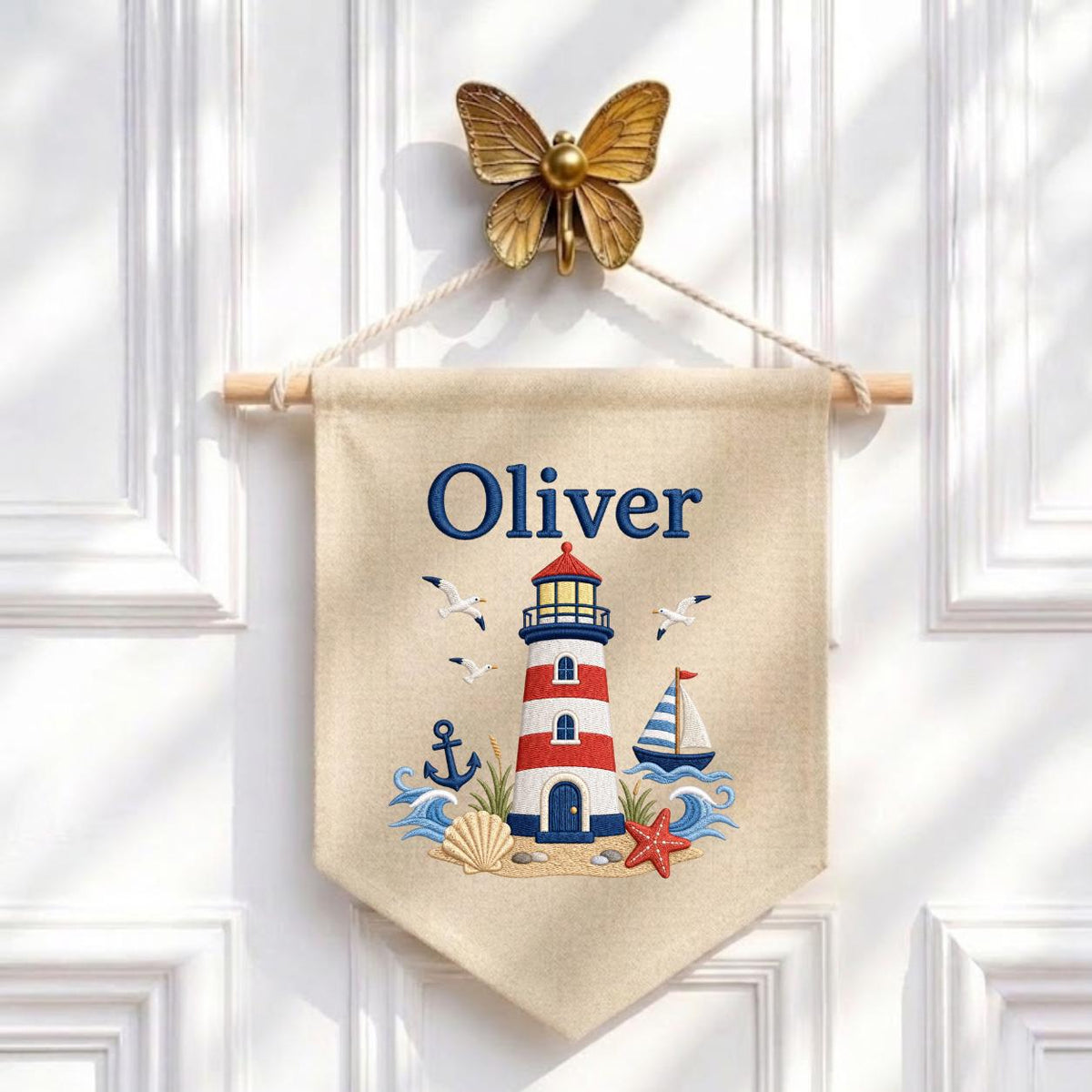 Personalized Nautical Lighthouse Nursery Decor, Custom Name Embroidered Canvas Pennant Banner, Red Lighthouse Sailboat Wall Hanging Sign