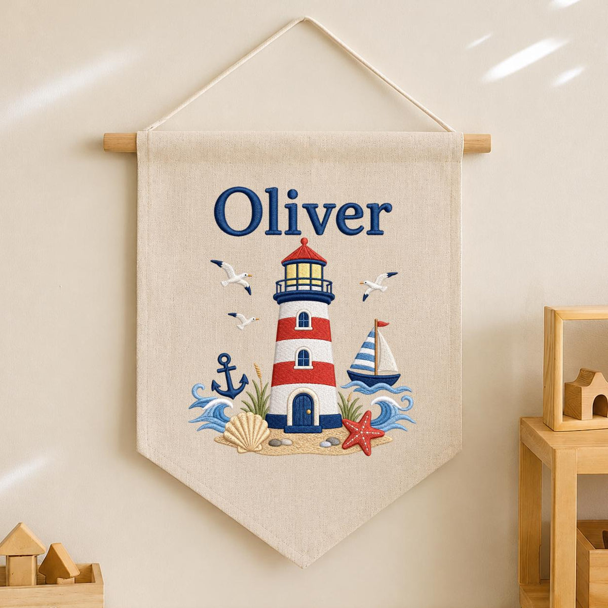 Personalized Nautical Lighthouse Nursery Decor, Custom Name Embroidered Canvas Pennant Banner, Red Lighthouse Sailboat Wall Hanging Sign