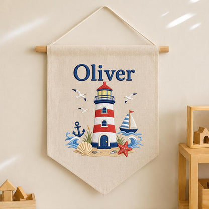 Personalized Nautical Lighthouse Nursery Decor, Custom Name Embroidered Canvas Pennant Banner, Red Lighthouse Sailboat Wall Hanging Sign
