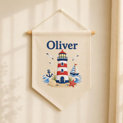 Personalized Nautical Lighthouse Nursery Decor, Custom Name Embroidered Canvas Pennant Banner, Red Lighthouse Sailboat Wall Hanging Sign