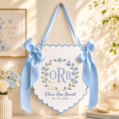Personalized Baby Monogram Scalloped Banner Decor, Custom Embroidered Name Date Initial Bunny Wall Hanging Sign, Hospital Door Hanger