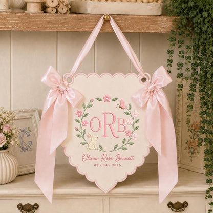 Personalized Baby Monogram Scalloped Banner Decor, Custom Embroidered Name Date Initial Bunny Wall Hanging Sign, Hospital Door Hanger