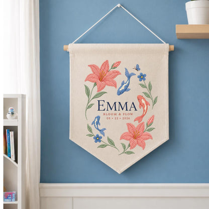 Personalized Floral Koi Fish Canvas Pennant Decor, Custom Embroidered Lily Flower Bloom and Flow Name Sign, Baby Shower Keepsake Gift