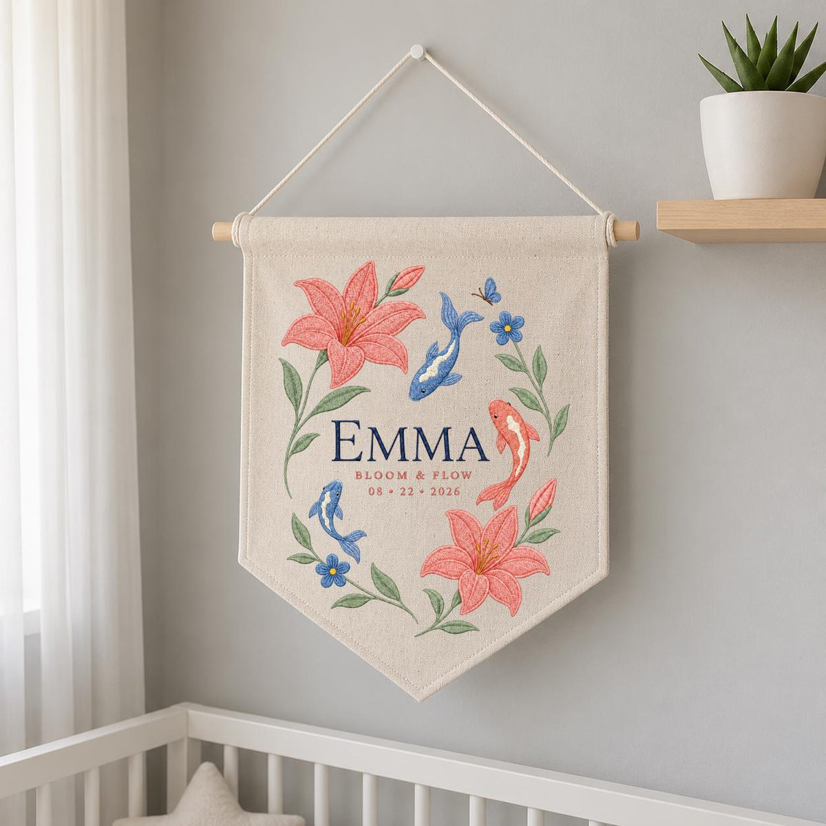 Personalized Floral Koi Fish Canvas Pennant Decor, Custom Embroidered Lily Flower Bloom and Flow Name Sign, Baby Shower Keepsake Gift