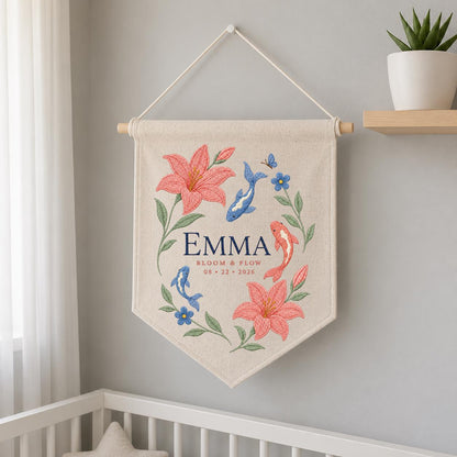 Personalized Floral Koi Fish Canvas Pennant Decor, Custom Embroidered Lily Flower Bloom and Flow Name Sign, Baby Shower Keepsake Gift