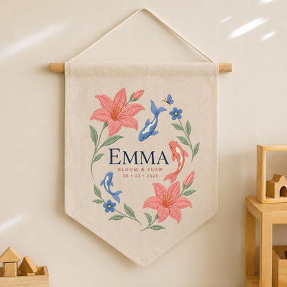 Personalized Floral Koi Fish Canvas Pennant Decor, Custom Embroidered Lily Flower Bloom and Flow Name Sign, Baby Shower Keepsake Gift