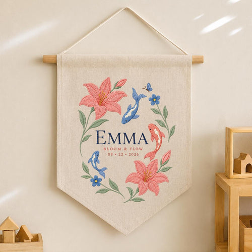 Personalized Floral Koi Fish Canvas Pennant Decor, Custom Embroidered Lily Flower Bloom and Flow Name Sign, Baby Shower Keepsake Gift