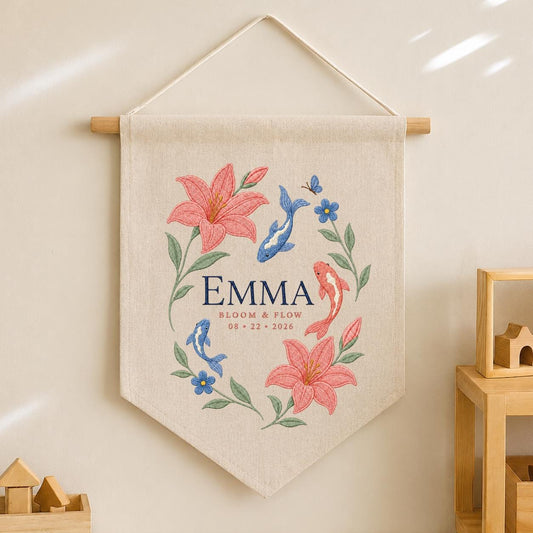 Personalized Floral Koi Fish Canvas Pennant Decor, Custom Embroidered Lily Flower Bloom and Flow Name Sign, Baby Shower Keepsake Gift