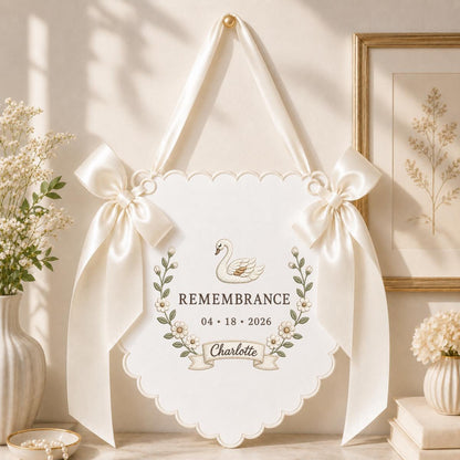 Personalized Swan Scalloped Banner, Custom Name Charlotte Remembrance Date Embroidered Lavender Bows Nursery Keepsake Wall Sign