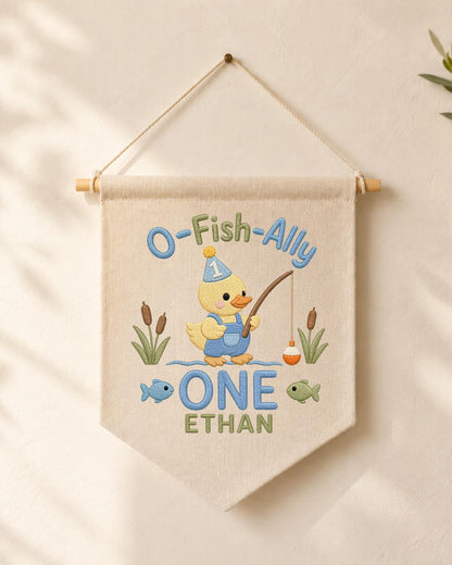 Personalized First Birthday Fishing Wall Hanging, Custom Name Embroidered Banner, O-Fish-Ally One Duck Birthday Decor, Baby Boy Birthday