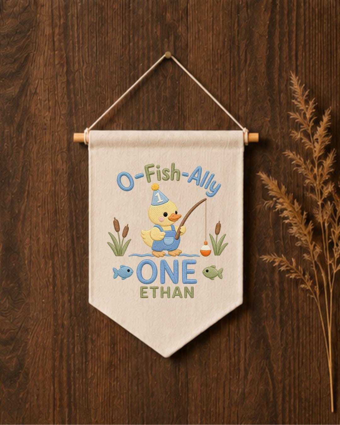 Personalized First Birthday Fishing Wall Hanging, Custom Name Embroidered Banner, O-Fish-Ally One Duck Birthday Decor, Baby Boy Birthday