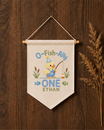 Personalized First Birthday Fishing Wall Hanging, Custom Name Embroidered Banner, O-Fish-Ally One Duck Birthday Decor, Baby Boy Birthday