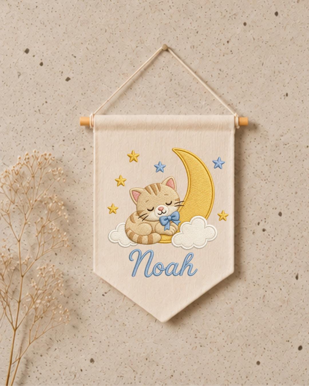 Personalized Cat Moon Nursery Wall Hanging, Custom Name Embroidered Banner, Sleeping Kitten Baby Boy Room Decor, Celestial Nursery Gift