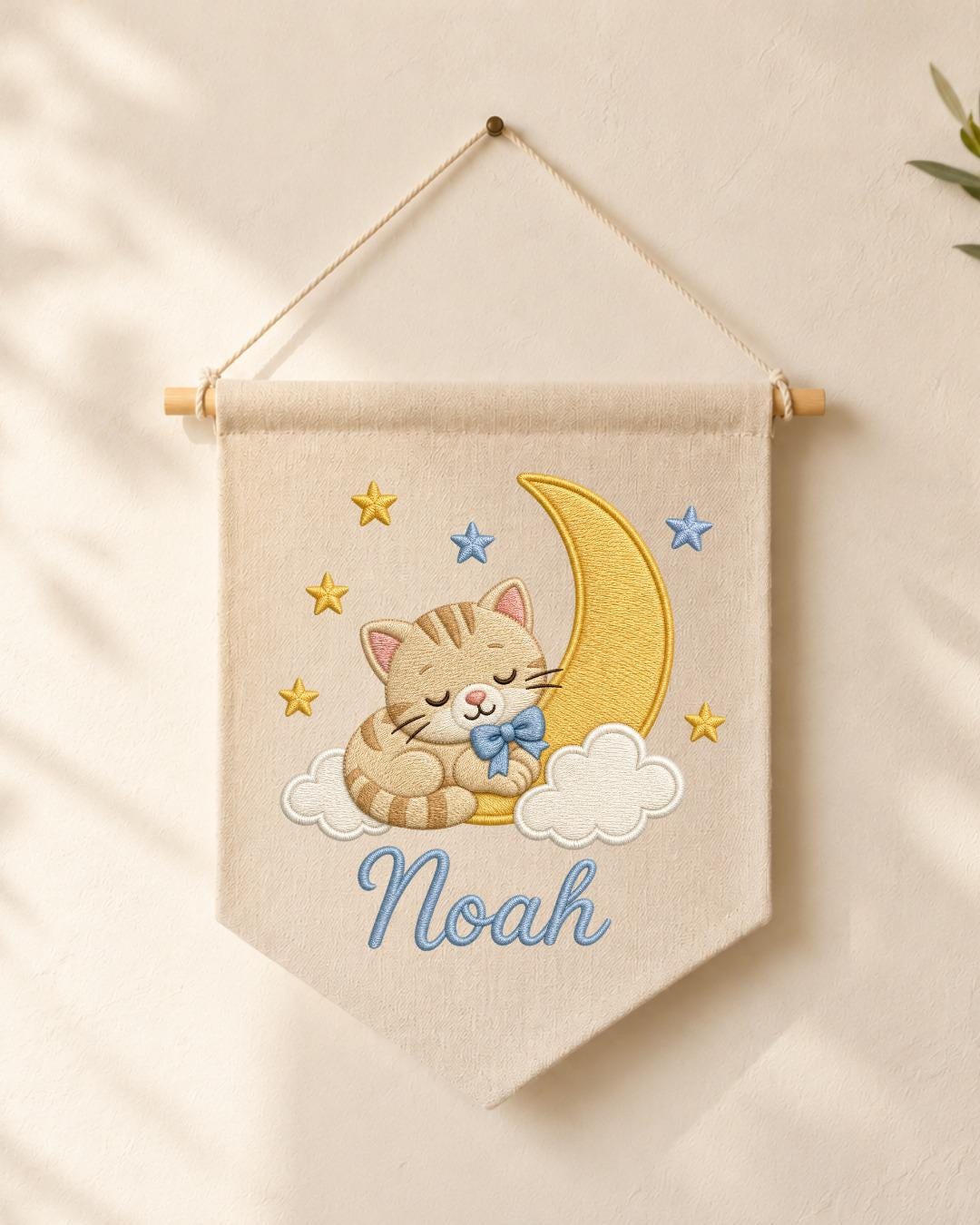Personalized Cat Moon Nursery Wall Hanging, Custom Name Embroidered Banner, Sleeping Kitten Baby Boy Room Decor, Celestial Nursery Gift
