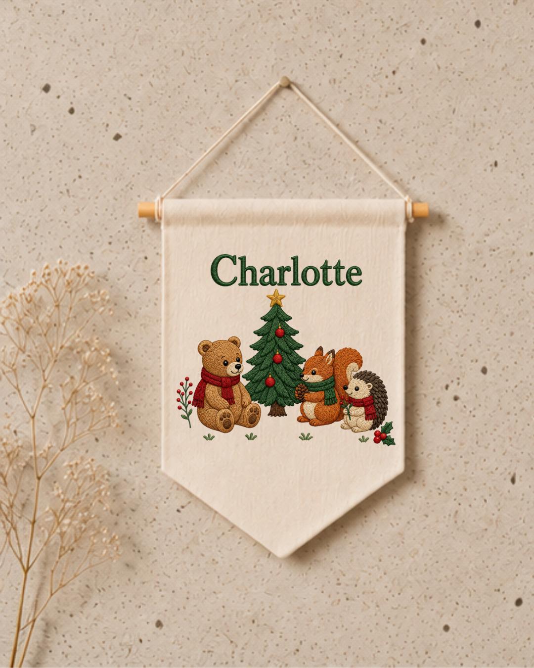 Personalized Christmas Nursery Wall Hanging, Custom Name Embroidered Banner, Woodland Animals Christmas Decor, Baby Girl Holiday Gift
