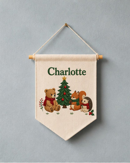 Personalized Christmas Nursery Wall Hanging, Custom Name Embroidered Banner, Woodland Animals Christmas Decor, Baby Girl Holiday Gift