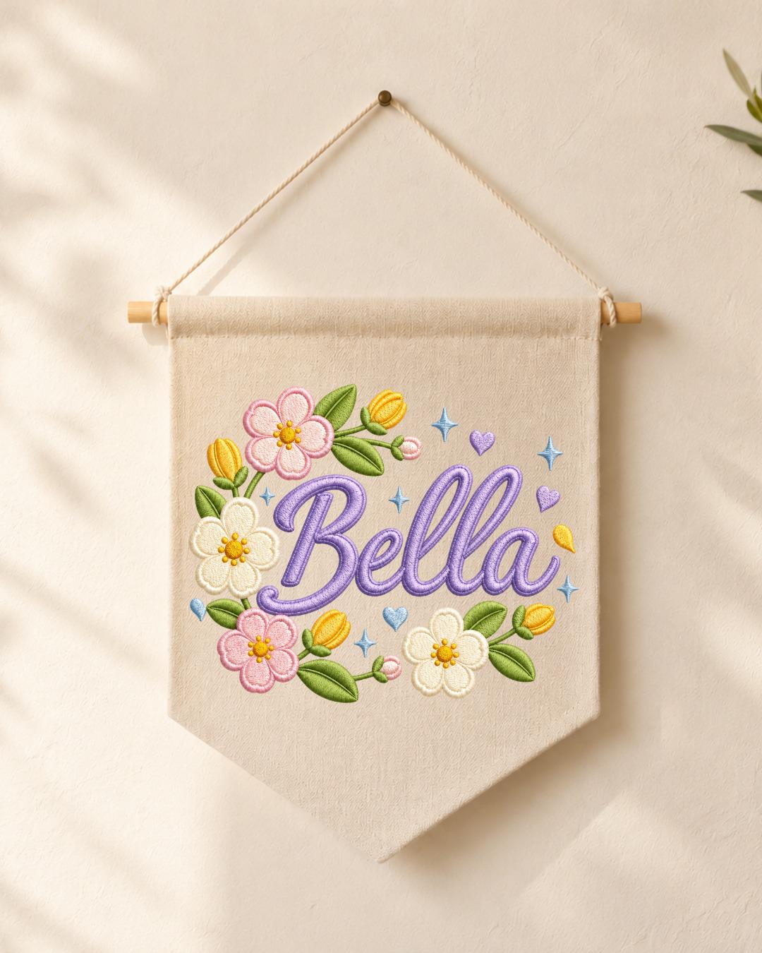 Personalized Floral Name Wall Hanging, Custom Name Embroidered Banner, Flower Nursery Decor, Baby Girl Room Sign, Personalized Nursery Gift