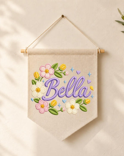 Personalized Floral Name Wall Hanging, Custom Name Embroidered Banner, Flower Nursery Decor, Baby Girl Room Sign, Personalized Nursery Gift
